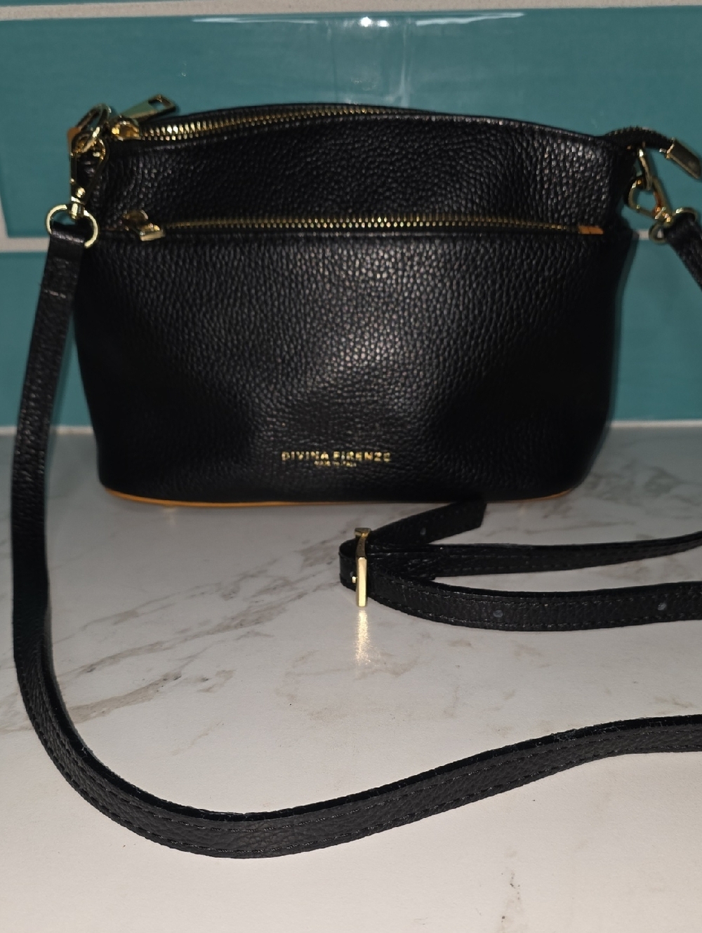 Black Pebbled "Lillia" Crossbody Bag with Gold Hardware by Divina Firenze